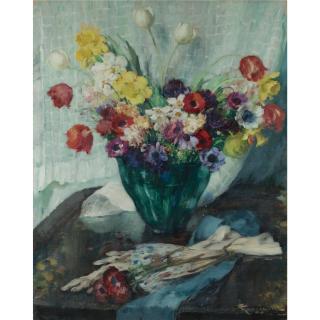 Fernand Toussaint - Belgian Vase De Fleurs Et Rideau Blanc