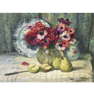 Fernand Toussaint - Belgian Vase Of Anemones And Fruit