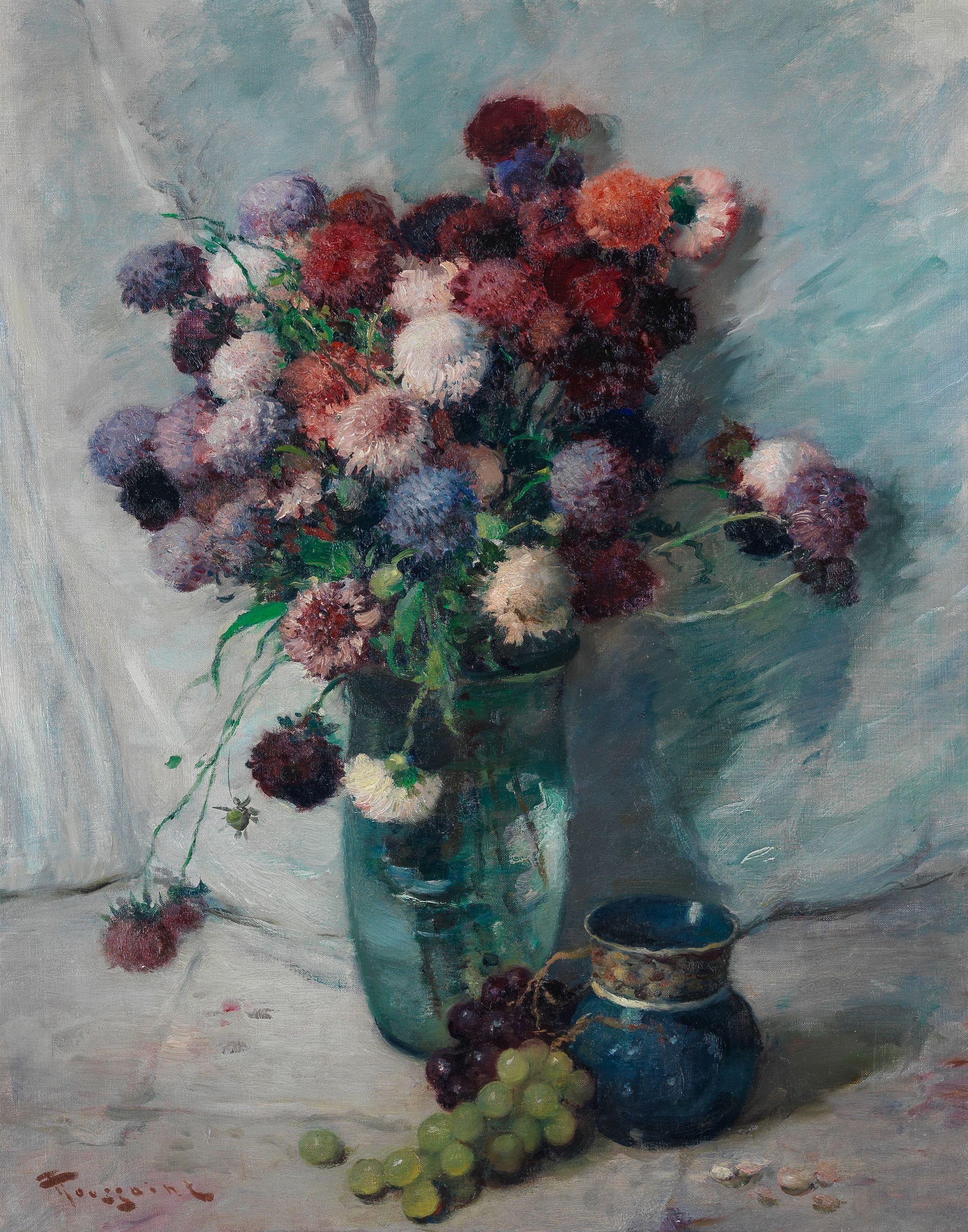 Fernand Toussaint - Nature morte au bouquet de chrysanthèmes et raisin