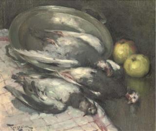 Fernand Toussaint - Pigeons and a silver platter, with apples to the side