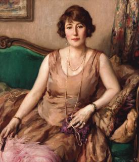 Fernand Toussaint - Portrait of a lady, seated on a sofa, wearing a pink dress and holding an ostrich feather fan