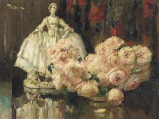 Fernand Toussaint - Still Life with a Bouquet of Roses and a Porcelain Figurine