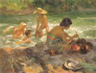 Fernando Cueto Amorsolo - Bathing And Cooking By The River