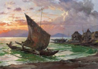 Fernando Cueto Amorsolo - Fishermen going out to sea at dusk