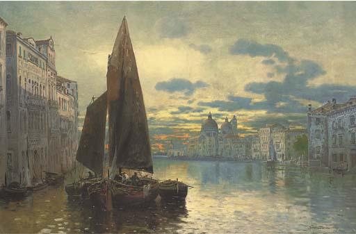 Fernard Lubich - Trading Vessels On The Grand Canal At Dusk