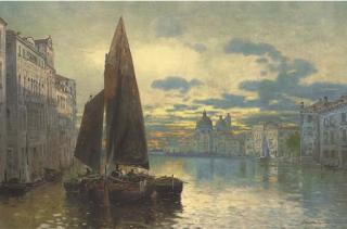 Fernard Lubich - Trading Vessels On The Grand Canal At Dusk