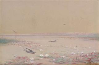 Fidelia Bridges - Lily Pads And Barn Swallows