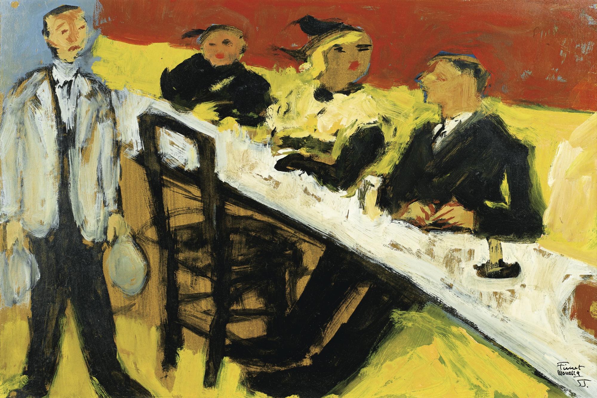 Fikret Moualla - Au Caféfikret Moualla ; At The Café ; Signed And Dated Lower Right \'55 ; Oil On Cardboard