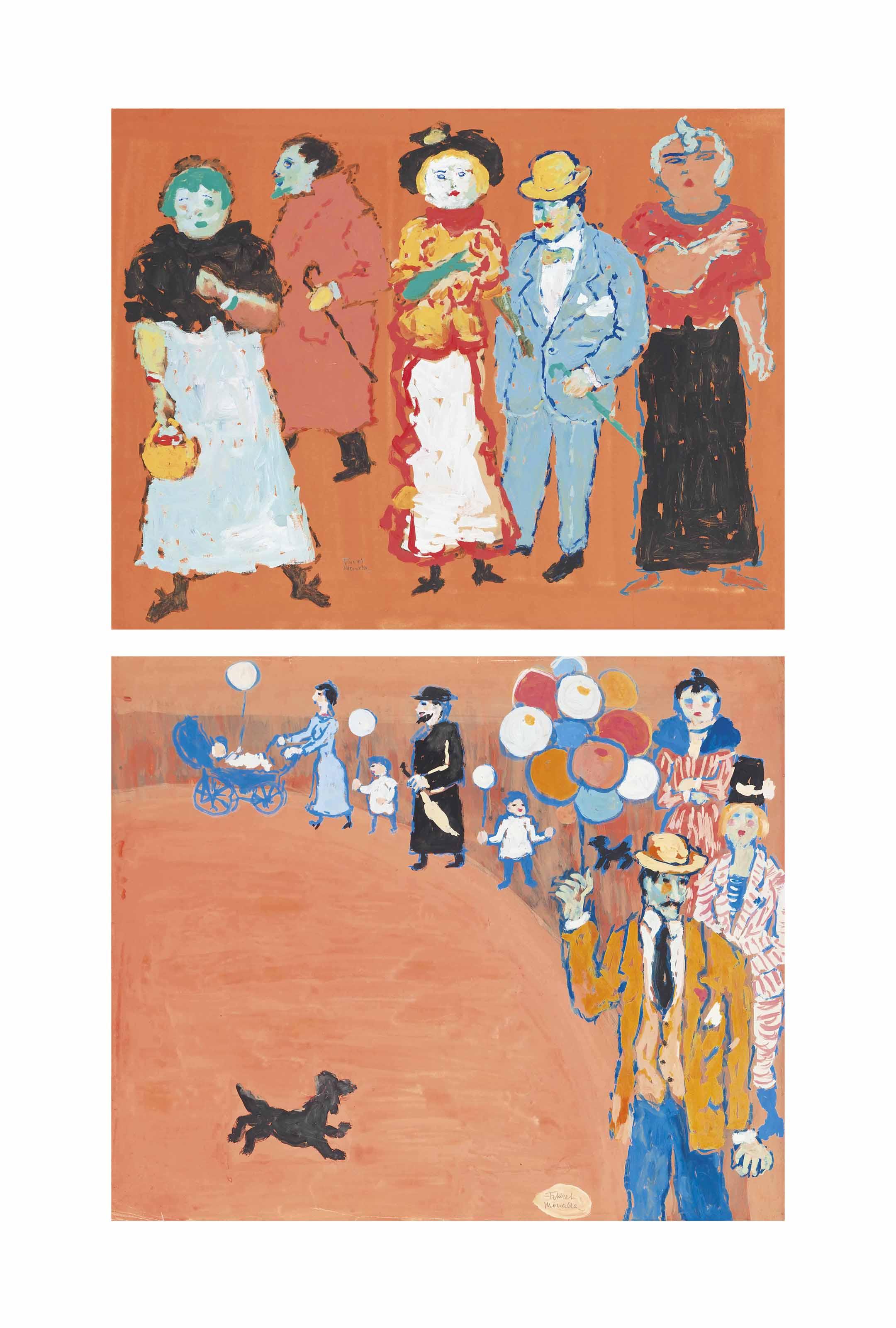 Fikret Muallâ - Personnages Aux Ballons Et Petit Chien; And Trois Femmes, Deux Hommes