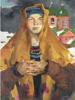 Filipp Andreevich Maliavin - Portrait Of A Peasant Woman In A Yellow Shawl