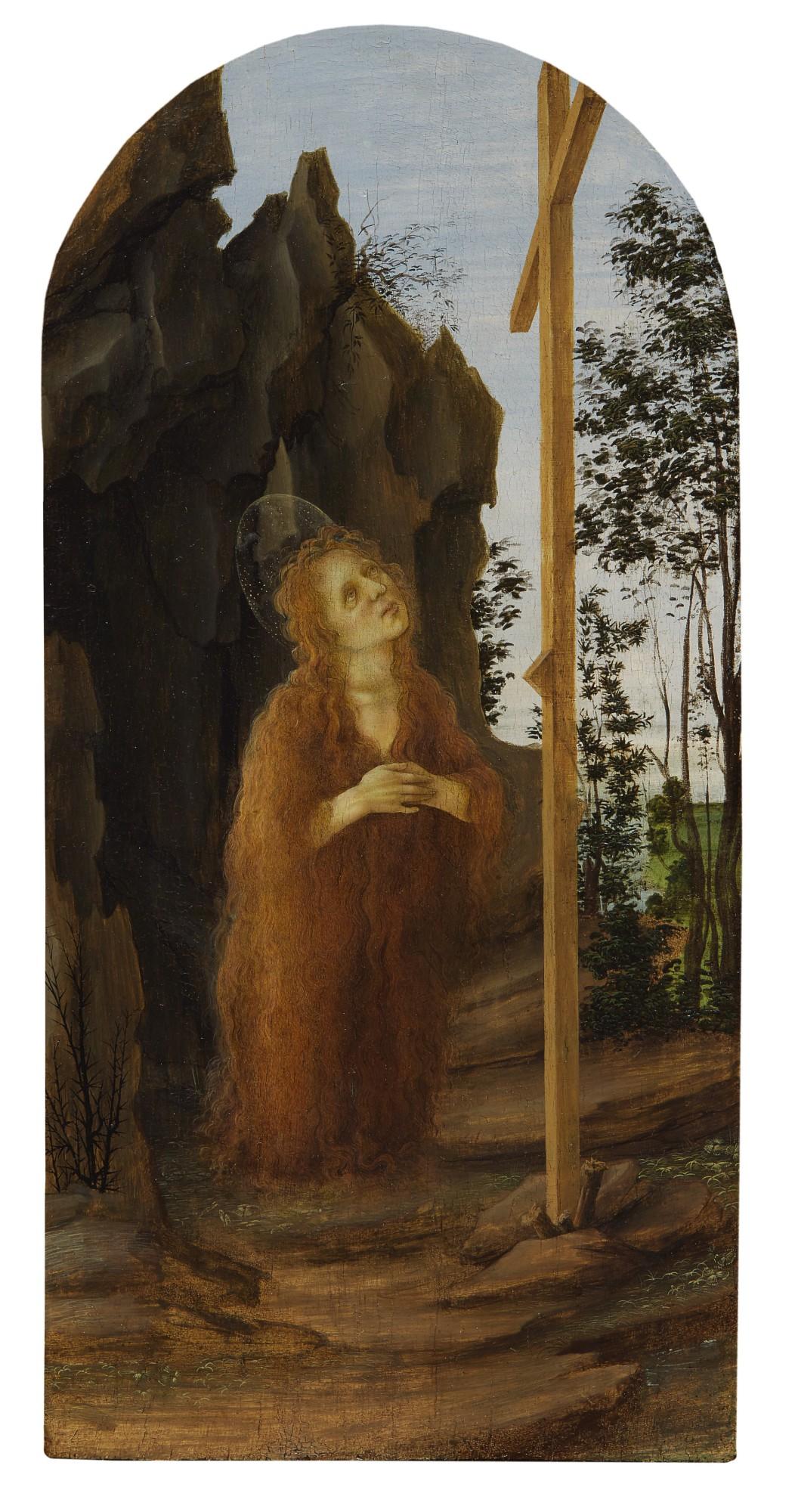 Filippino Lippi - Penitent Mary Magdalene adoring the True Cross in a rocky landscape
