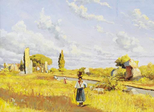 Filippo Anivitti - a)  Roma, Via Appia     firmato F.Anivitti     olio su legno     cm 36x49  b)  Casolari nella Campagna Romana     firmato F.Anivitti     olio su legno     cm 36x49	 (2)