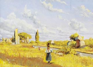 Filippo Anivitti - a)  Roma, Via Appia     firmato F.Anivitti     olio su legno     cm 36x49  b)  Casolari nella Campagna Romana     firmato F.Anivitti     olio su legno     cm 36x49	 (2)