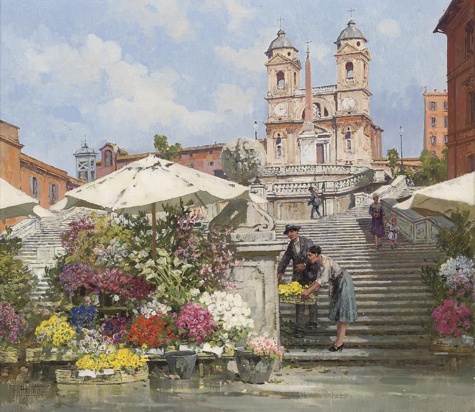 Filippo Anivitti - Selling flowers on the Spanish Steps, Rome