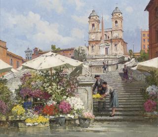 Filippo Anivitti - Selling flowers on the Spanish Steps, Rome