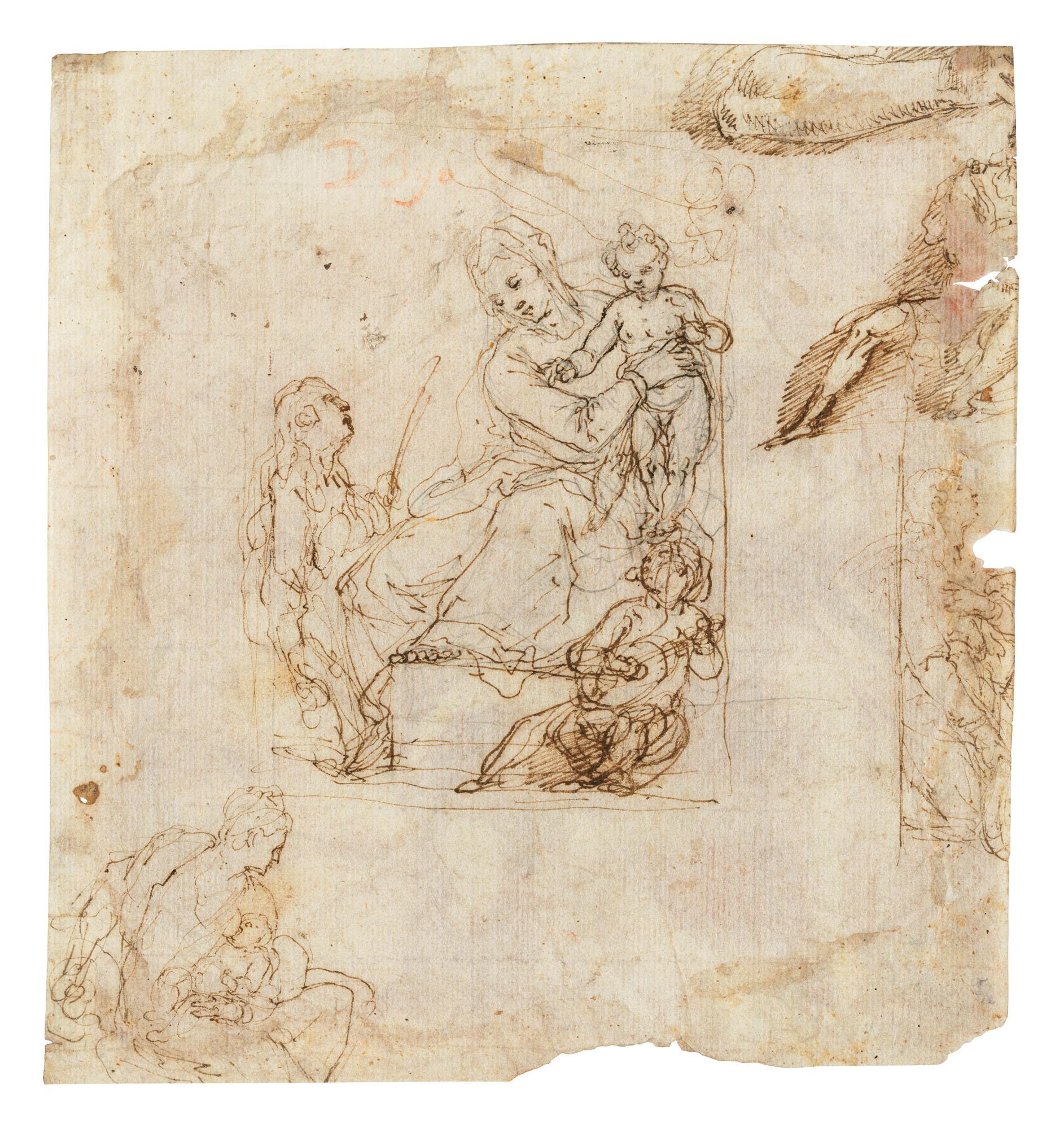 Filippo Bellini - The Virgin and Child enthroned with attending musicians, and other studies (recto); The Rest on the Flight into Egypt (verso)