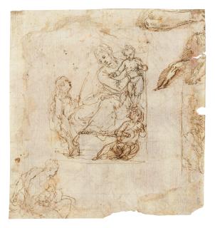 Filippo Bellini - The Virgin and Child enthroned with attending musicians, and other studies (recto); The Rest on the Flight into Egypt (verso)
