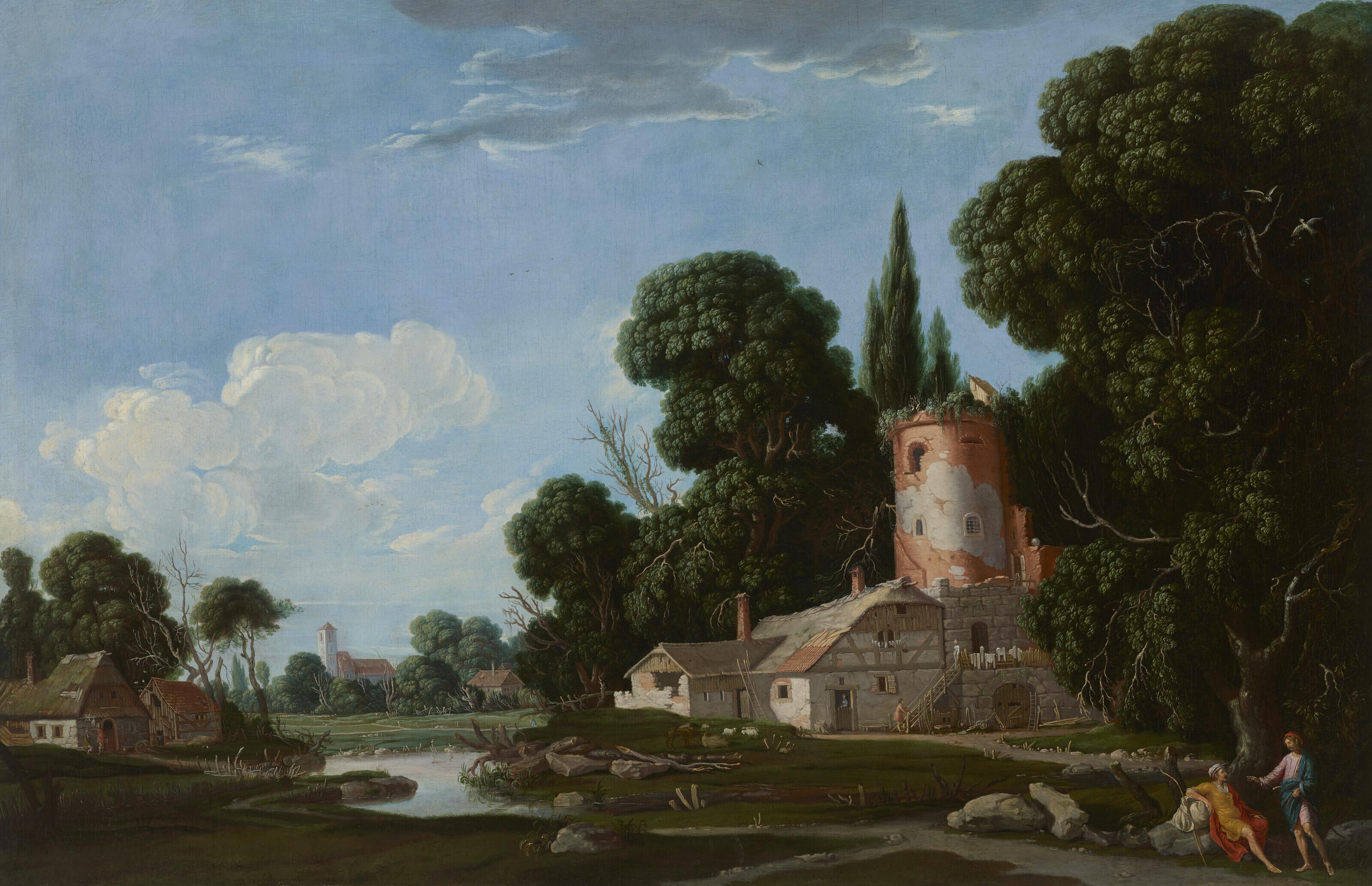 Filippo D\'Angeli - A landscape with a farmstead and a tower