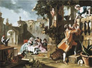 Filippo Falciatore - An elegant children\'s tea-party in the forecourt of an Italian villa with a young man passing a joint of meat to a woman standing on a balcony above