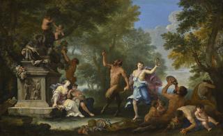 Filippo Lauri - A Bacchanal, With Offerings Strewn Around A Statue Of Pan