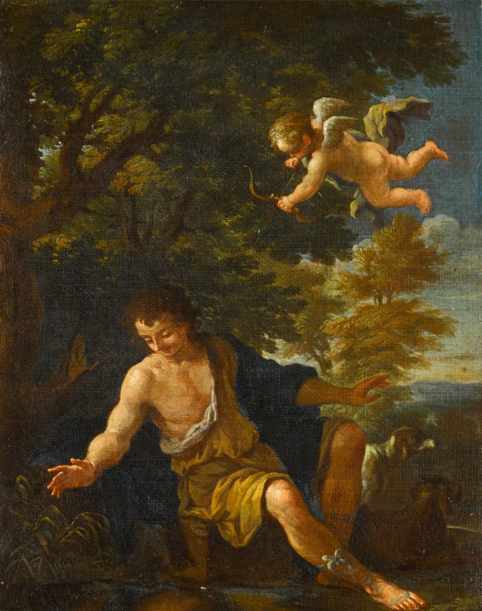 Filippo Lauri - Narcissus seated in a wooded landscape with dogs and Cupid flying above