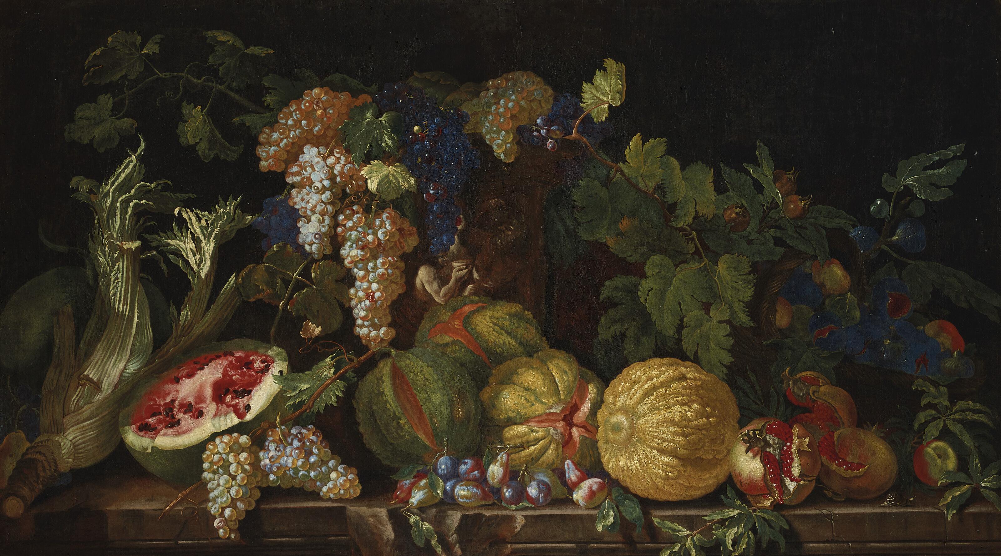 Filippo Lauri - Nature Morte Aux Melons, Grenades, Raisins, Pastèque Et Autres Fruits Et Légumes Sur Un Entablement