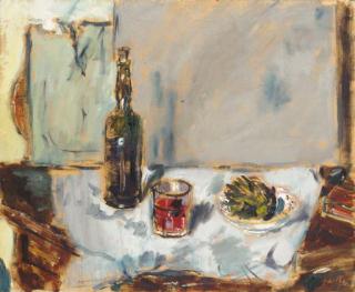 Filippo Luigi De Pisis - Natura morta con bottiglia, bicchiere e piatto con carciofo