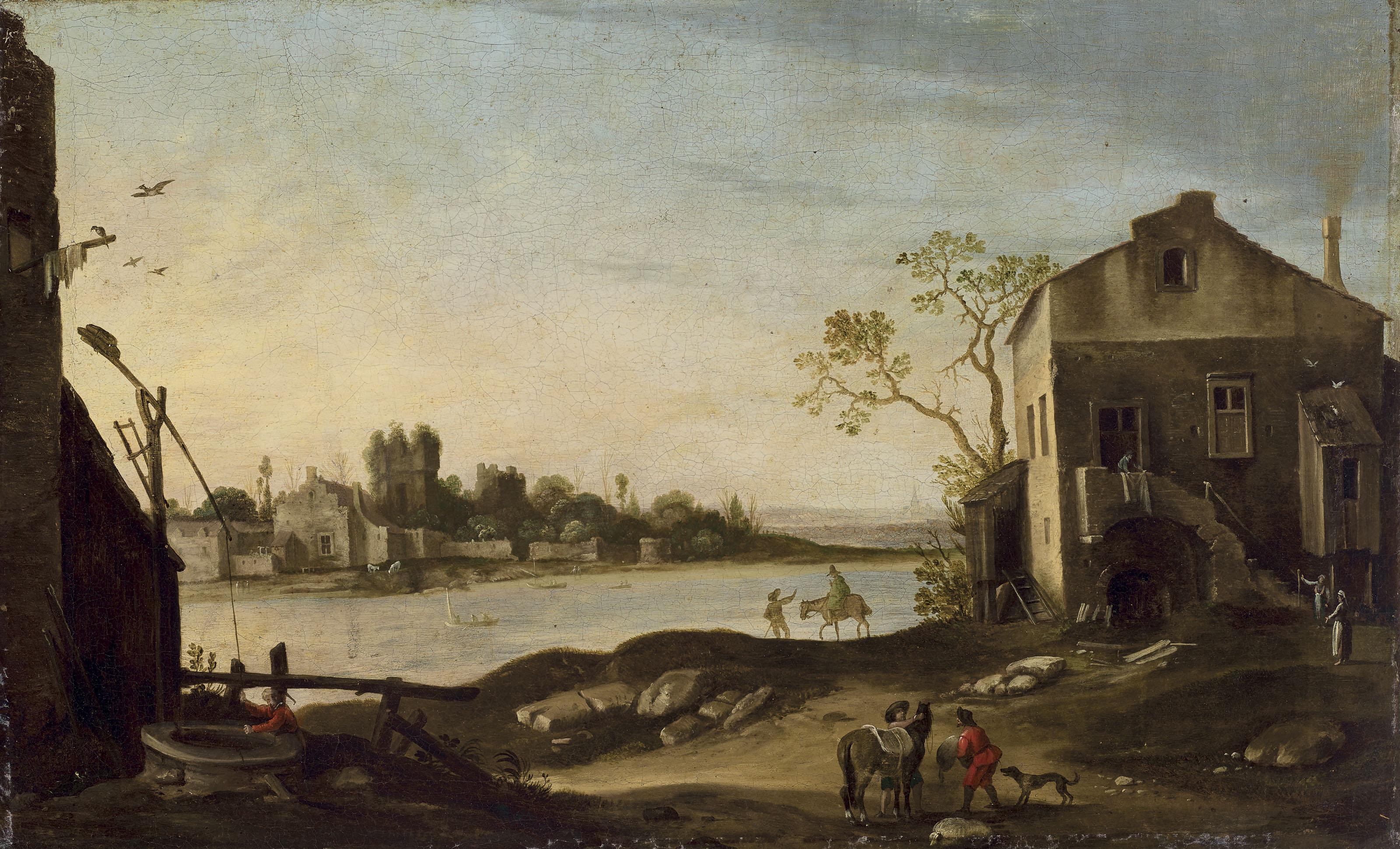 Filippo Napoletano - Travelers And Other Figures In A Town Beside A River