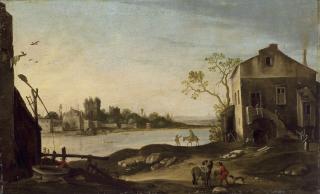 Filippo Napoletano - Travelers And Other Figures In A Town Beside A River