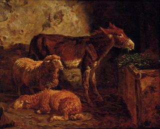 Filippo Palizzi - A Donkey And Sheep In A Barn