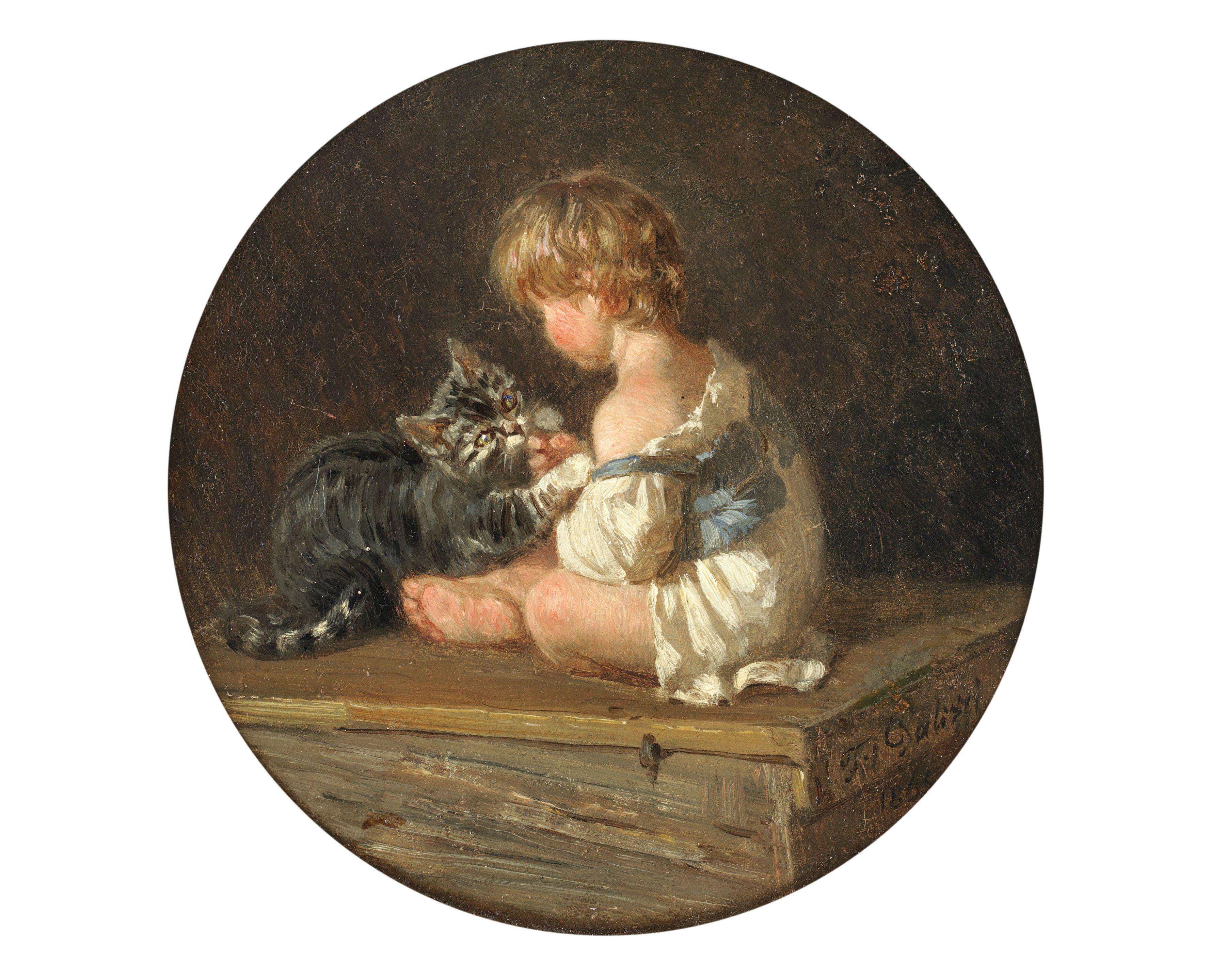Filippo Palizzi - Child and cat playing