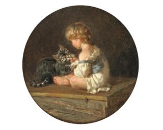 Filippo Palizzi - Child and cat playing