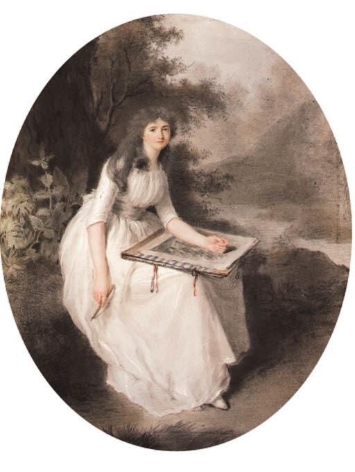 Firmin Massot - A young lady seated under a tree with a portfolio of drawings, an extensive river landscape beyond