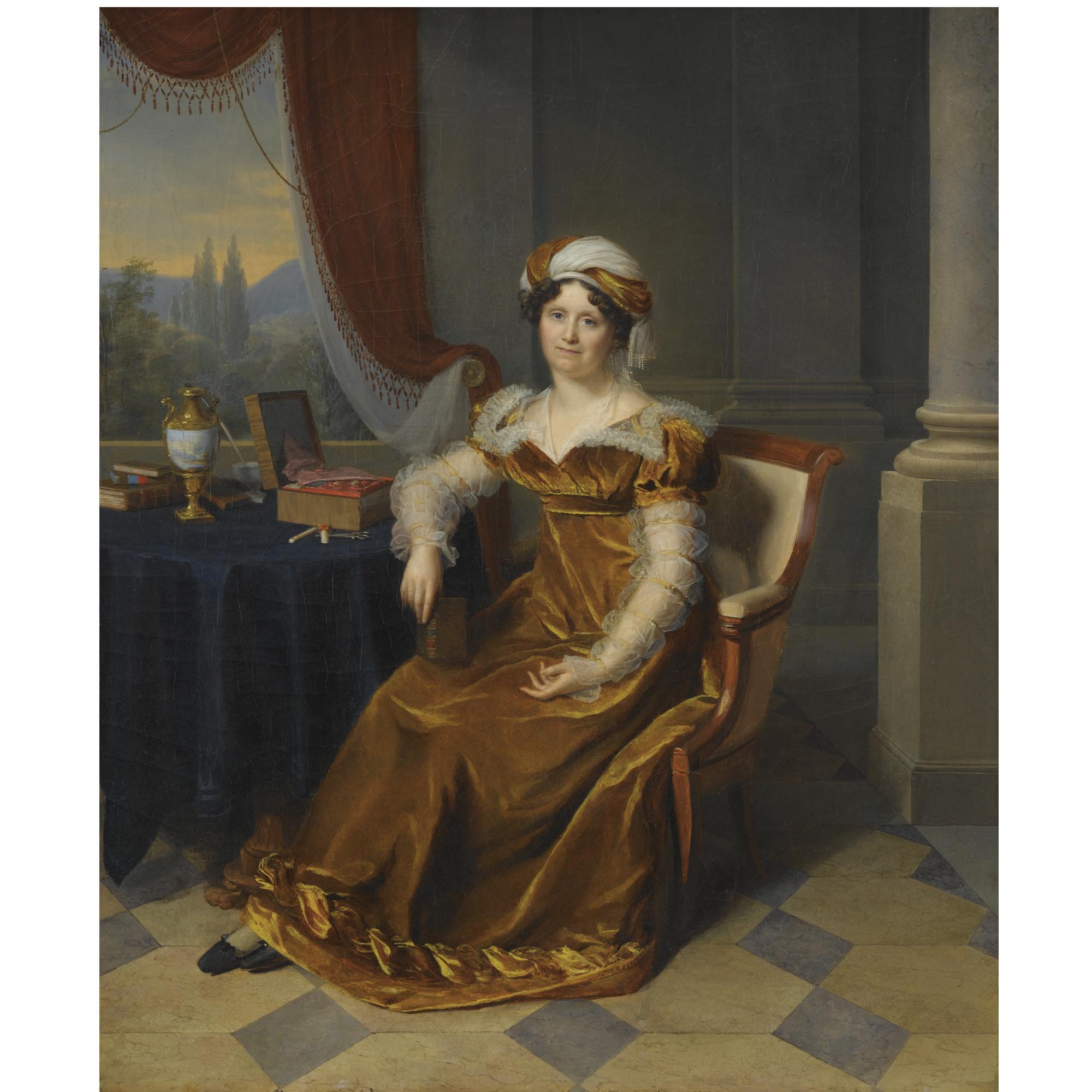 Firmin Massot - Portrait Of A Lady, Said To Be Madame Masbou (1768-1853), Seated In An Interior, Wearing A Brown Velvet Dress And A Headdress, A Landscape Seen Through A Window Beyond