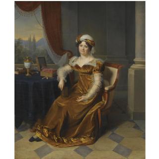 Firmin Massot - Portrait Of A Lady, Said To Be Madame Masbou (1768-1853), Seated In An Interior, Wearing A Brown Velvet Dress And A Headdress, A Landscape Seen Through A Window Beyond