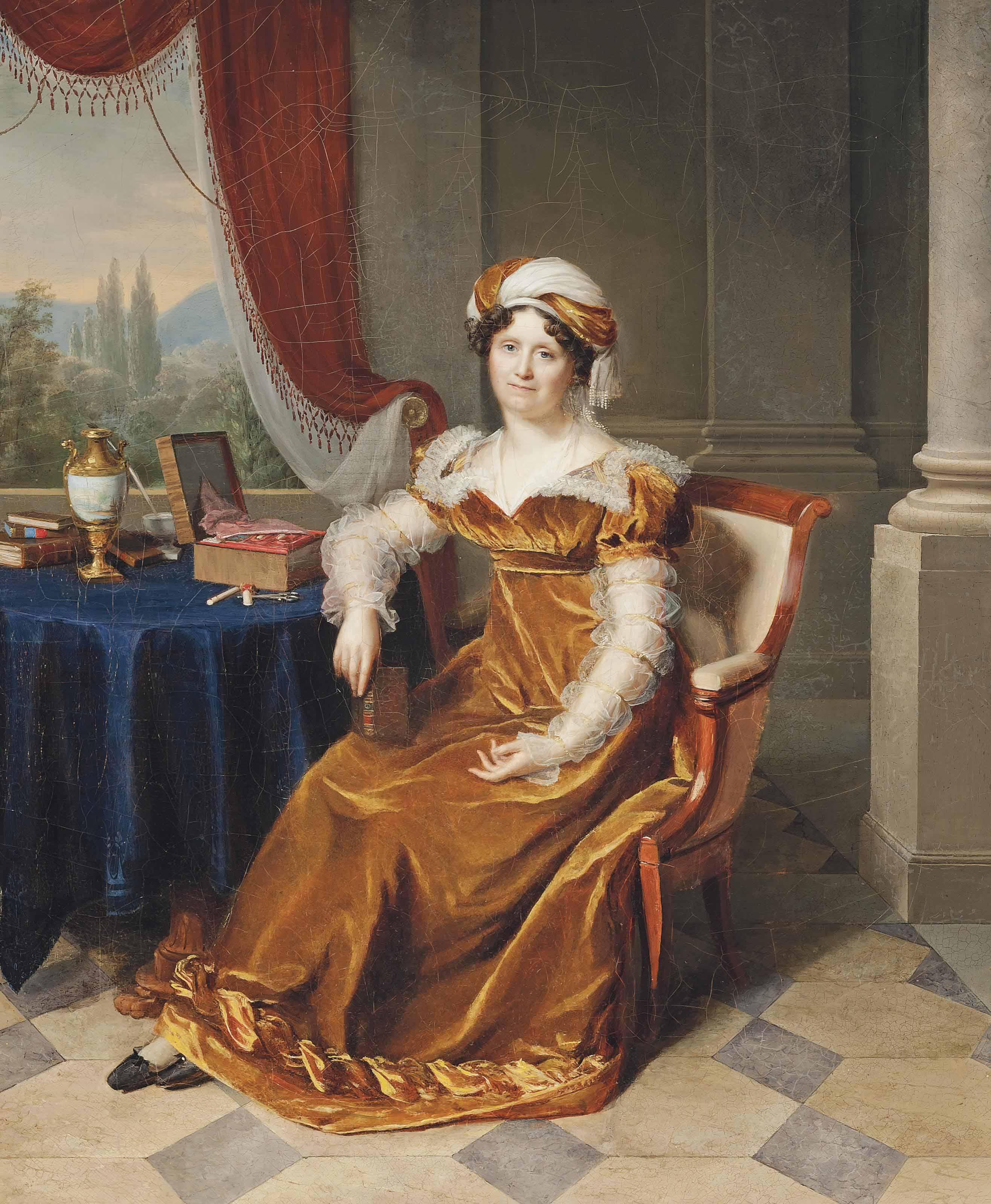 Firmin Massot - Portrait of a lady, traditionally identified as Julie Masbou, neé Garrigues, full-length, in a golden dress with a turban, in an elegant interior, a landscape beyond