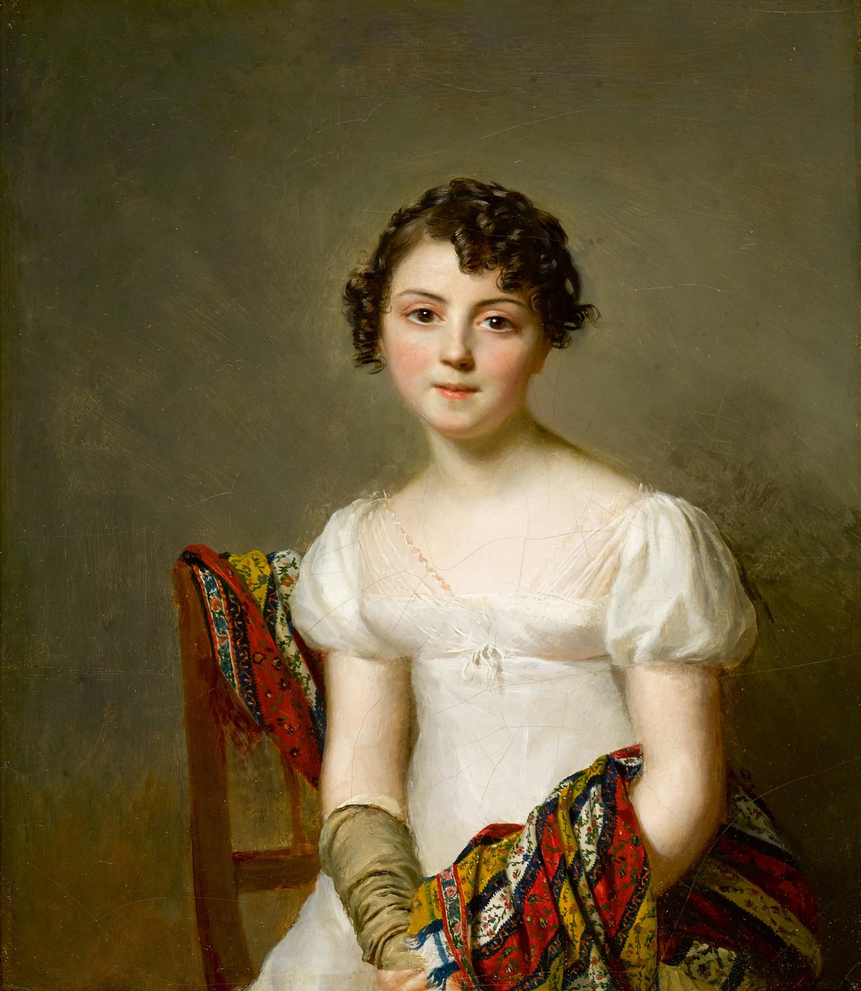 Firmin Massot - Portrait Of Andrienne-Constance Bourdillon (1792–1836), Half-Length, In A White Dress