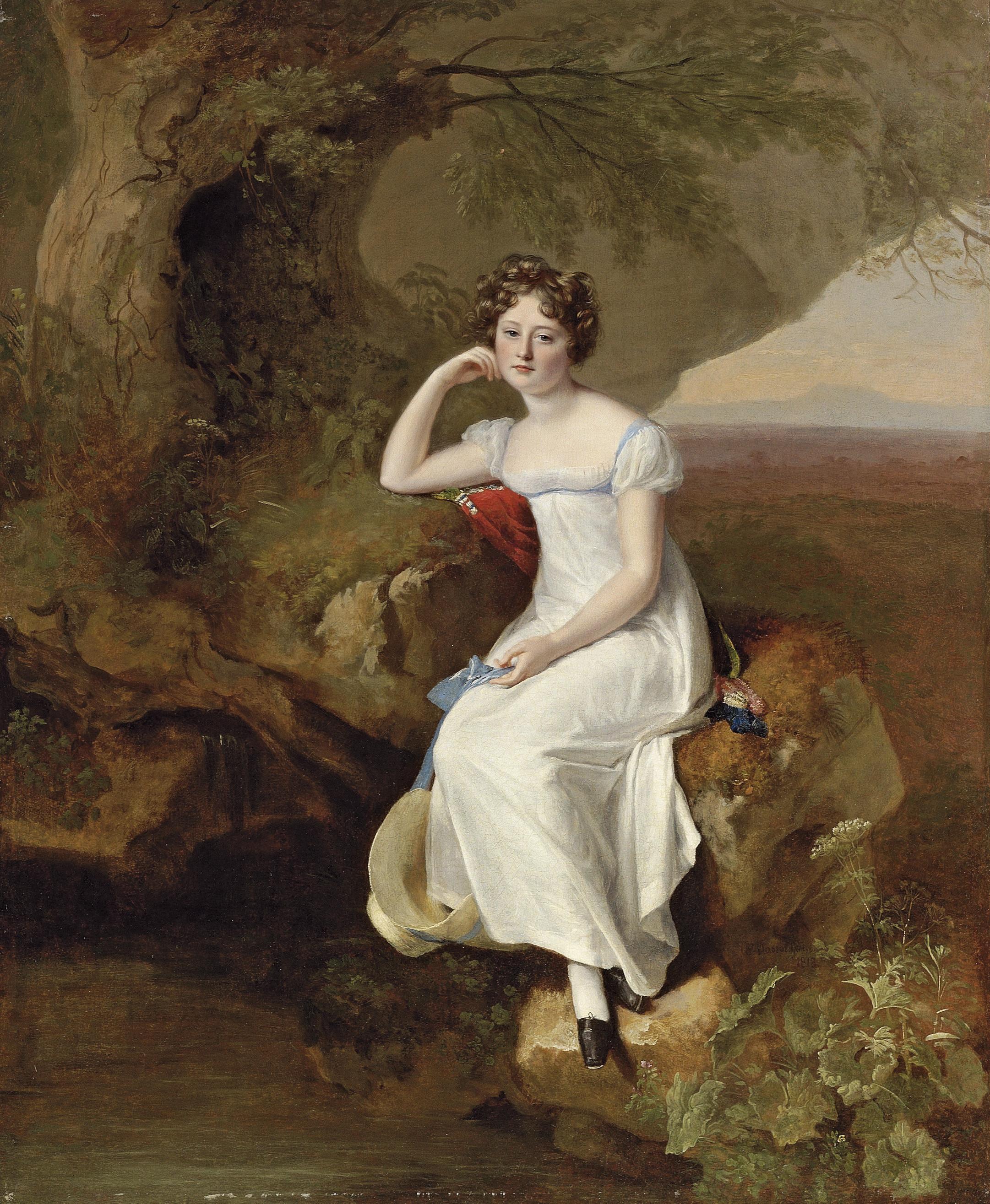 Firmin Massot - Portrait of Elizabeth Broadhead, later Lady Dashwood (1801-1889), small full-length, in a white dress, seated in a landscape, holding a sun hat