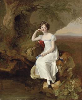 Firmin Massot - Portrait of Elizabeth Broadhead, later Lady Dashwood (1801-1889), small full-length, in a white dress, seated in a landscape, holding a sun hat