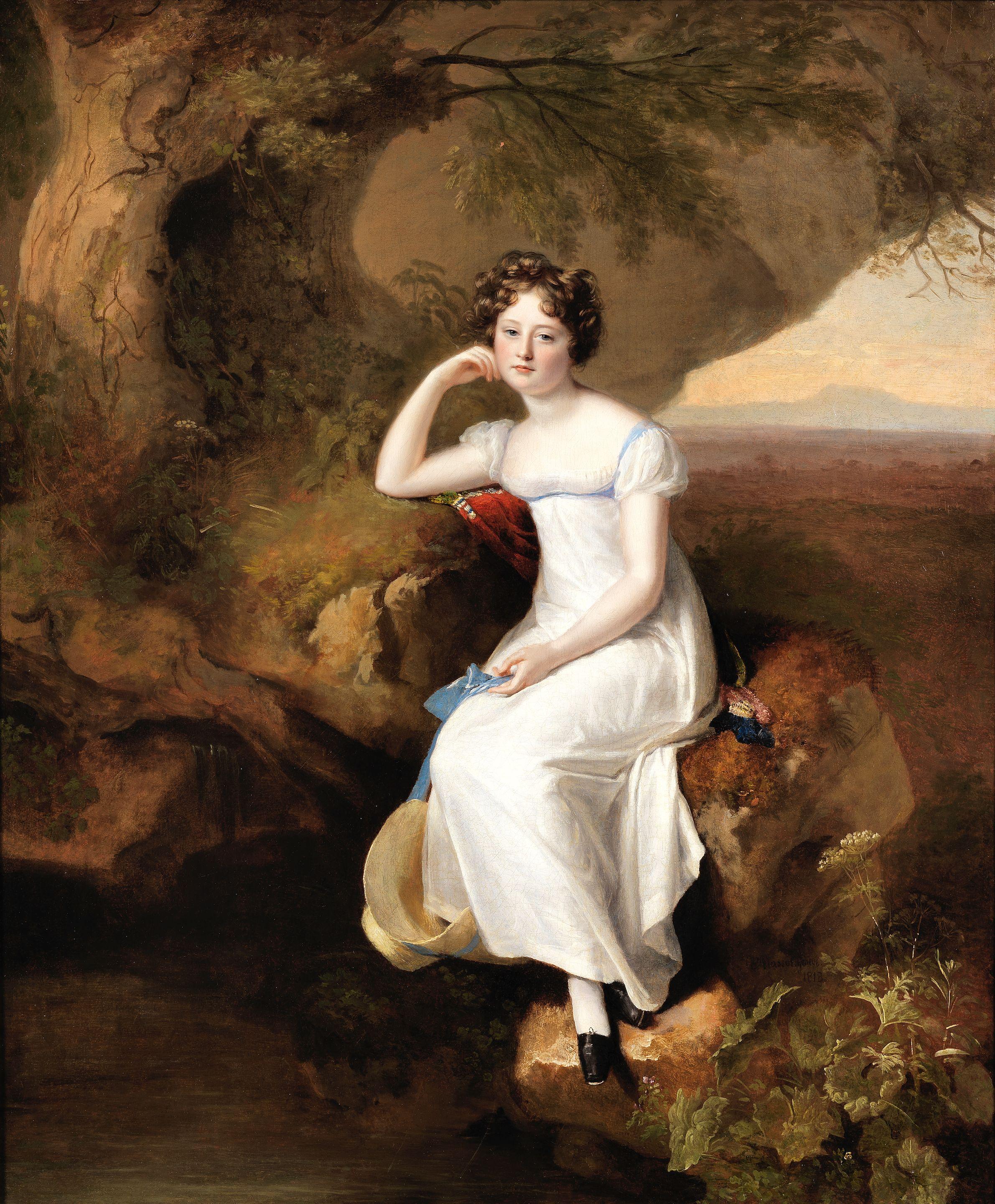 Firmin Massot - Portrait of Elizabeth Broadhead, later Lady Dashwood, full-length, in a white dress and seated beside a stream