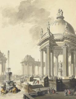 Firmin Perlin - An Architectural Capriccio: A Fountain Flanked By Temples And A Colonnade