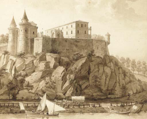 Florent-Fidéle-Constant-Bourgeois Du Castelet - A fortified castle on a cliff along a river