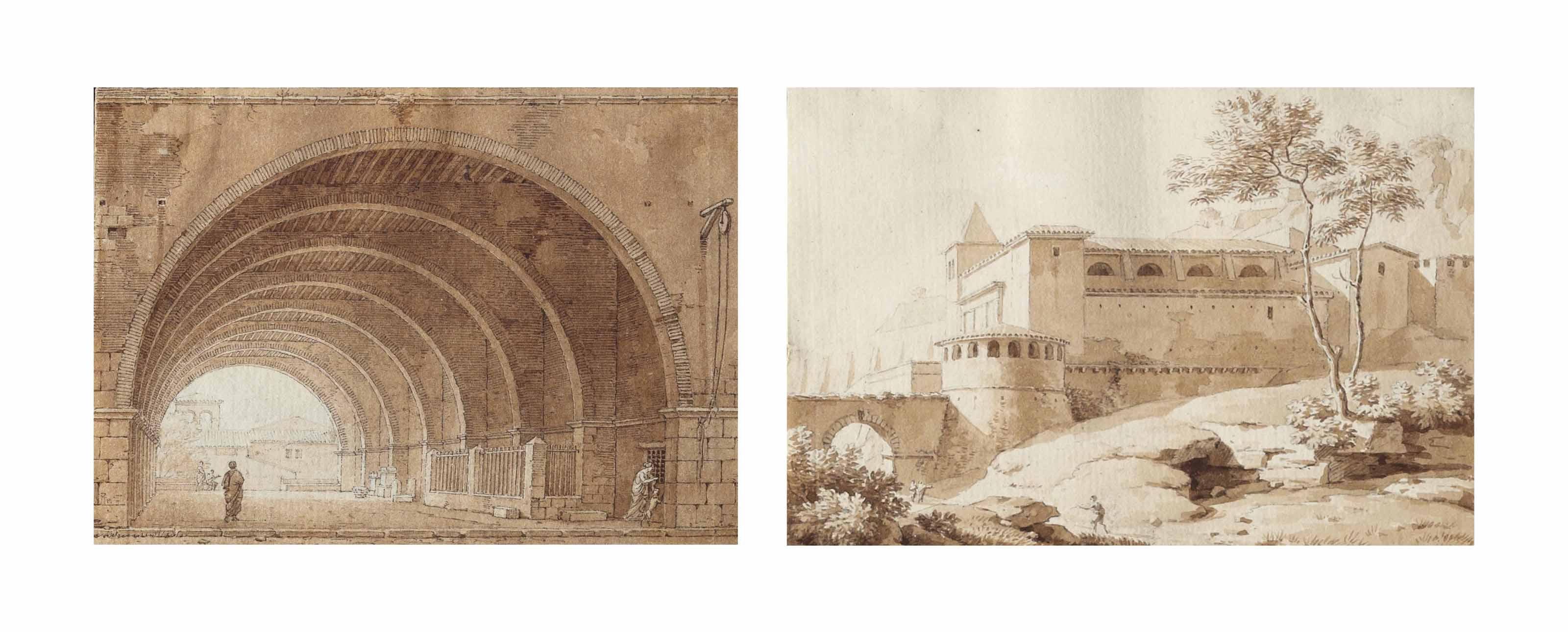 Florent-Fidèle-Constant Bourgeois - La Cour D\'Un Monastère; Palais Dans La Campagne Romaine; Et Voûte Sous Le Palais De Justice À Anagni