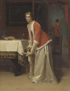 Florent Willems - An Elegant Lady with her Dog in an Interior