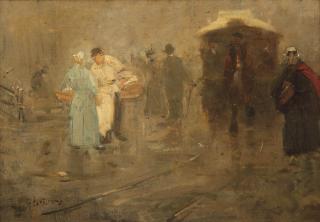 Floris Arntzenius - A cityscape with figures and a horse-drawn tram