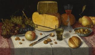 Floris Claesz. Van Dijck - An Uitgestald Still Life Of Grapes And Cheese On Pewter Plates, A Roemer, A Wineglass, Pears, Olives In A Porcelain Bowl, A Bread Roll, On A Table Draped With A Red Damask Cloth And White Lace-Trimmed