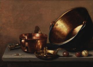 Floris Gerritsz. van Schooten - A still life of copper pans and utensils on a stone ledge with plums