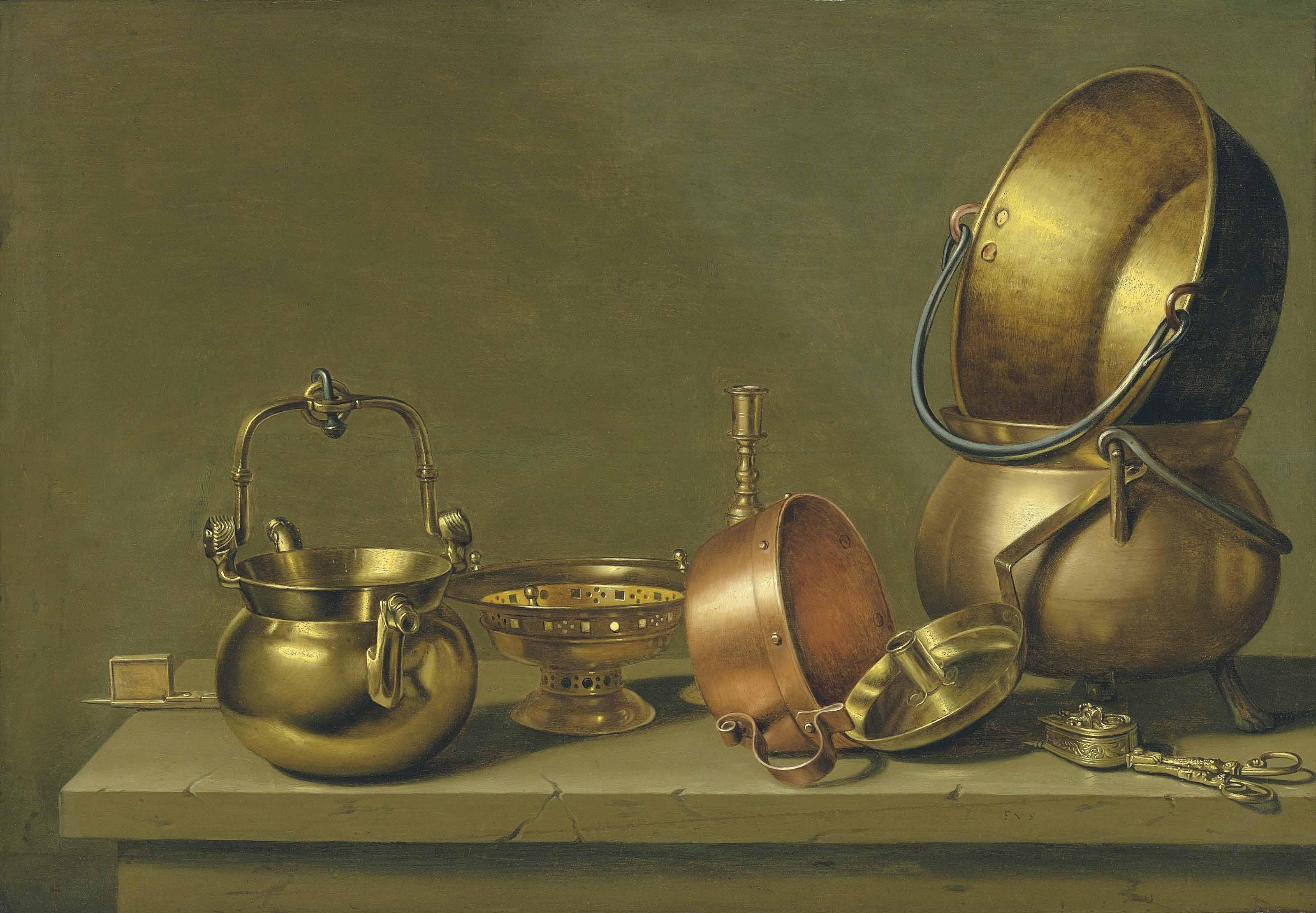 Floris Gerritsz. Van Schooten - Copper and brass pans with other utensils on a ledge