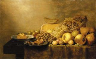 Floris Gerritsz. Van Schooten - Grapes in a basket, with pears, plums, cheese, butter in a porcelain dish, pastries on a pewter dish and a knife on a partially draped table