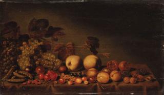 Floris Gerritsz. van Schooten - Grapes, plums, medlars, cherries, assorted berries and peas on a draped table